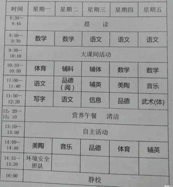 重庆市小学课程安排表