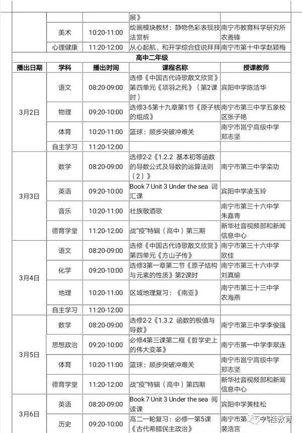 广西教育局规定中学课程表